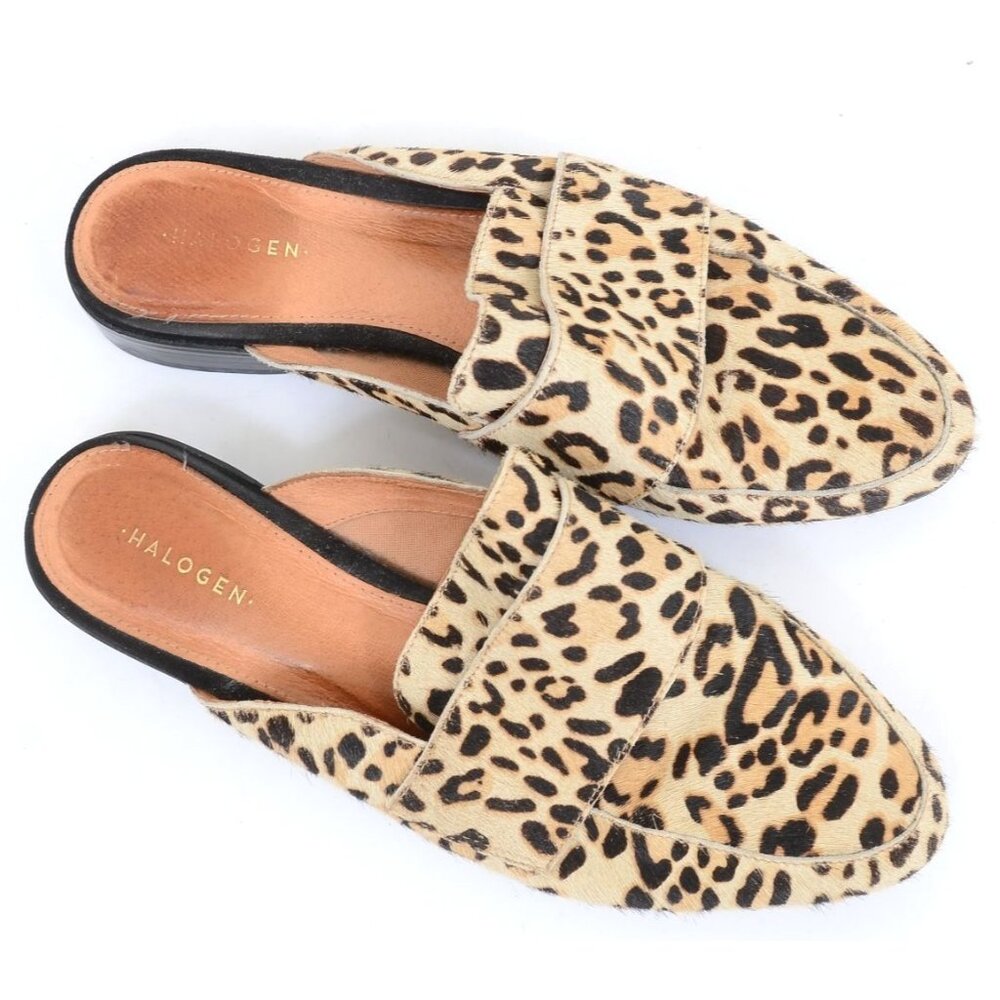 HALOGEN ‘Violet’ Leopard Print Genuine Calf Hair Leather Mules Flats Size 7